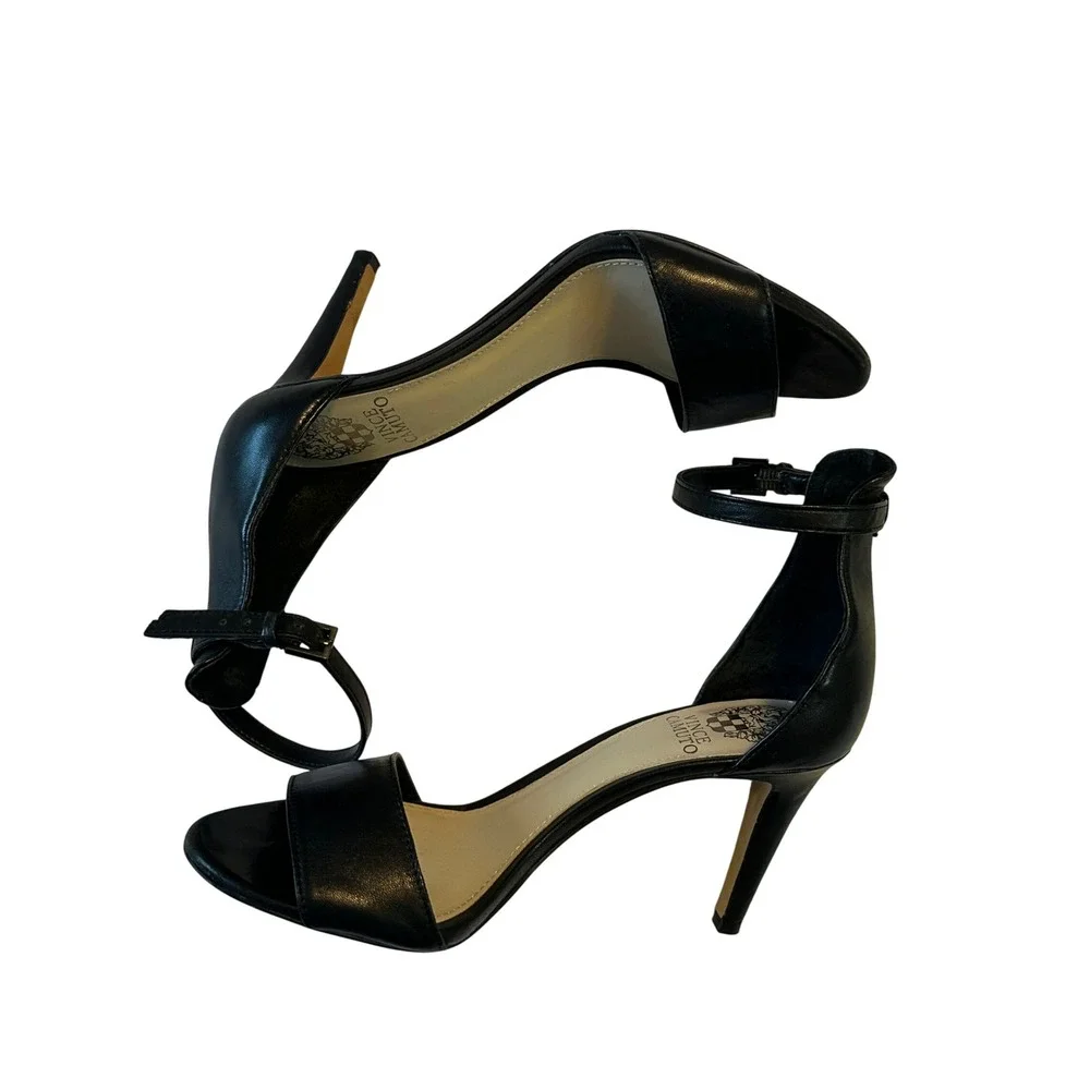Vince Camuto Black Leather Ankle Strap Stiletto Heels Open Toe Womens 7M 37